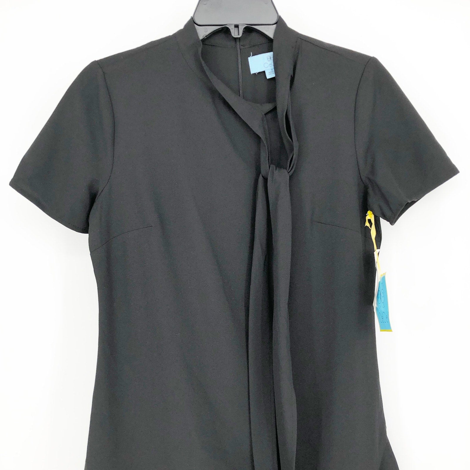 CECE Ruffled Bow Neck Mini Dress Size 10 Black Short Sleeve Fit & Flare NWT