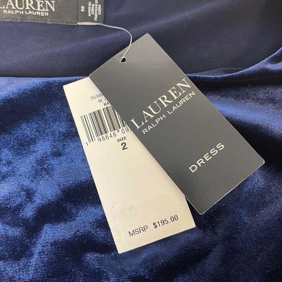LAUREN RALPH LAUREN Velvet Cocktail Dress Size 2 Navy Blue Ruched Waist NWT