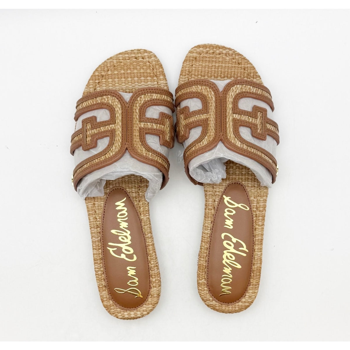 Sam Edelman Women's Bay Slide Sandals Size 7 EU 37 Tan Raffia Flats NIB