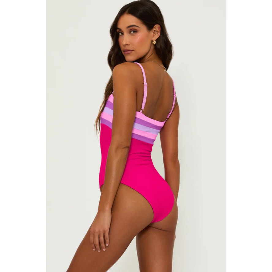 BEACH RIOT Jessa Bandeau One Piece Swimsuit Medium Pink Raspberry Colorblock NWT