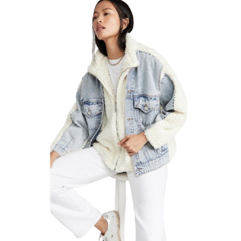 BLANKNYC Womens Denim & Faux Shearling Trucker Jacket XS Cream Blue Bear Hug NWT