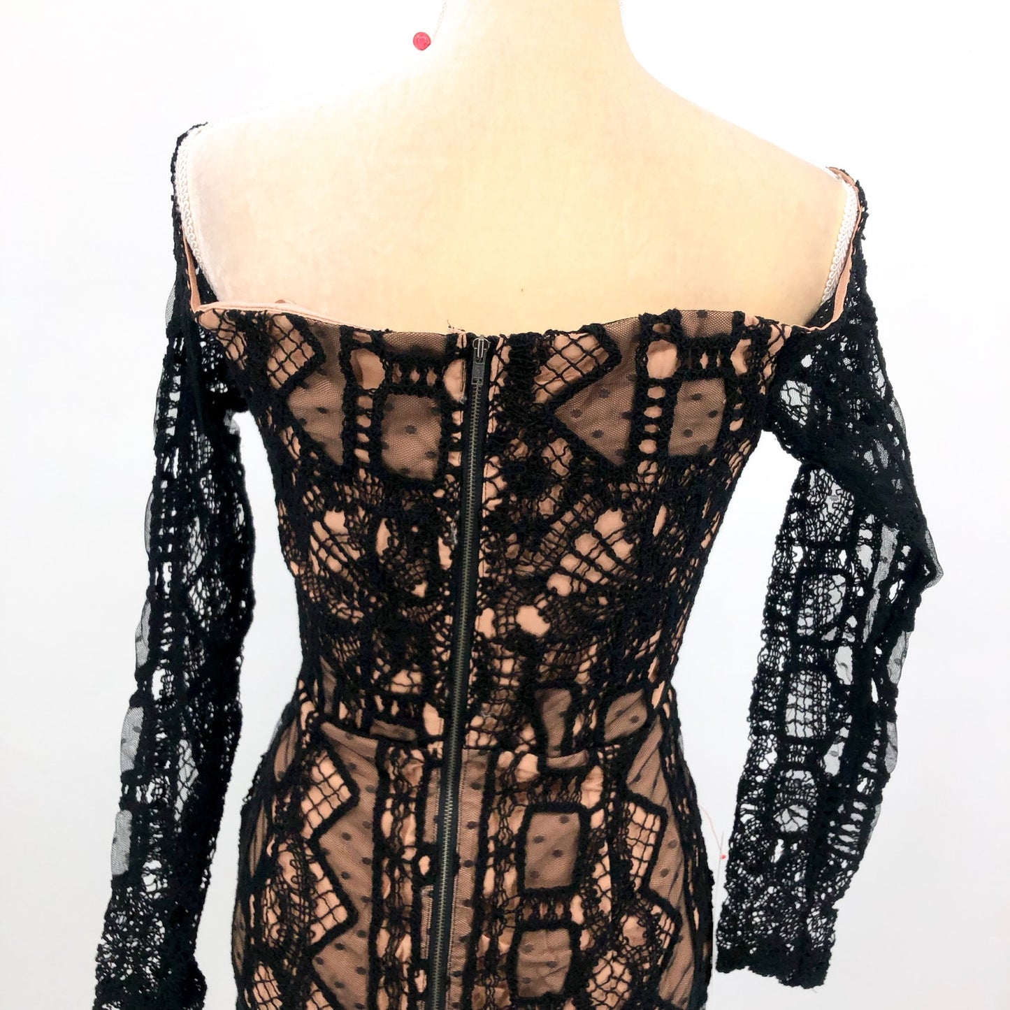 BARDOT Women's Zendaya Mini Lace Dress Large Black Nude Off Shoulder NWT