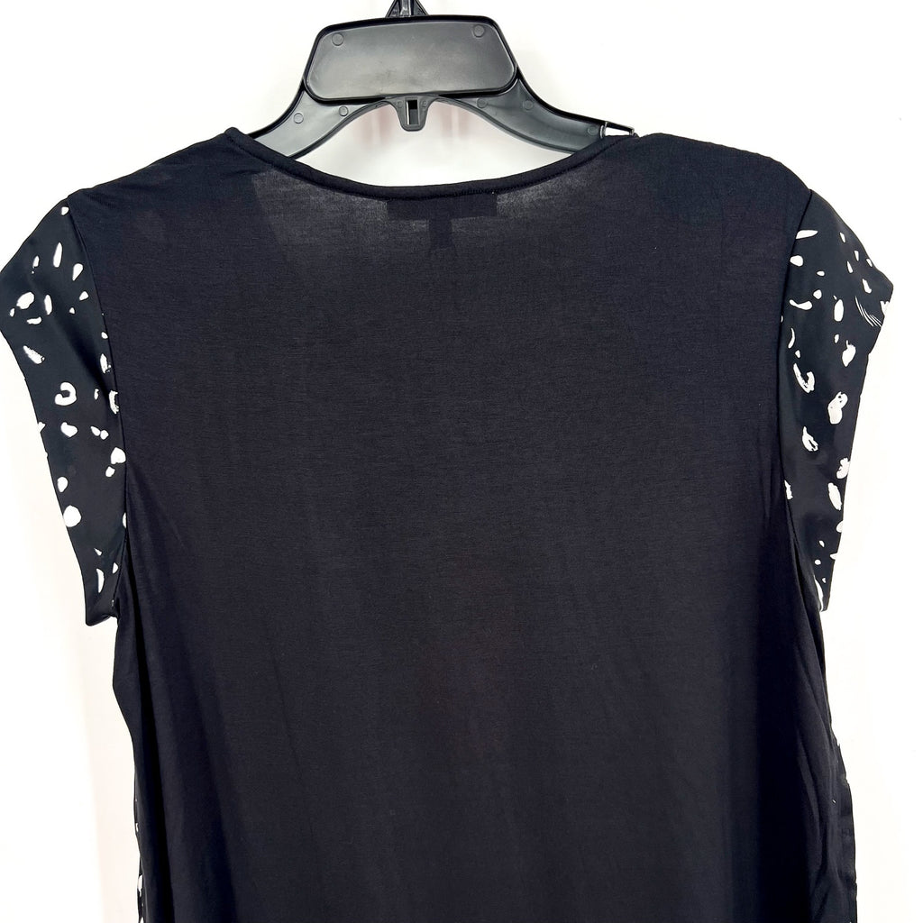 LES SEREIN Womens Speckled Short Sleeve Top Medium Black White Round Neck NWT