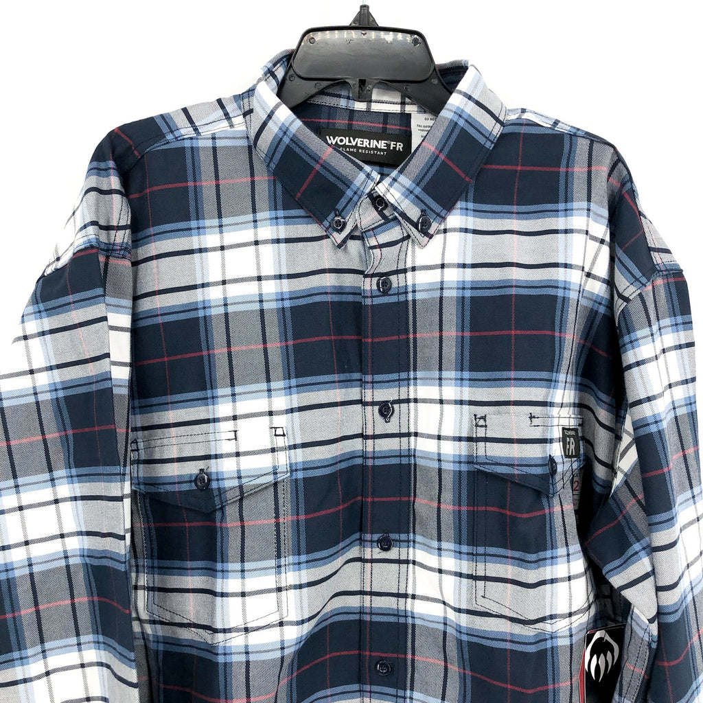 Wolverine Mens FR Twill Shirt XXL Blue White Plaid Long Sleeve NWT
