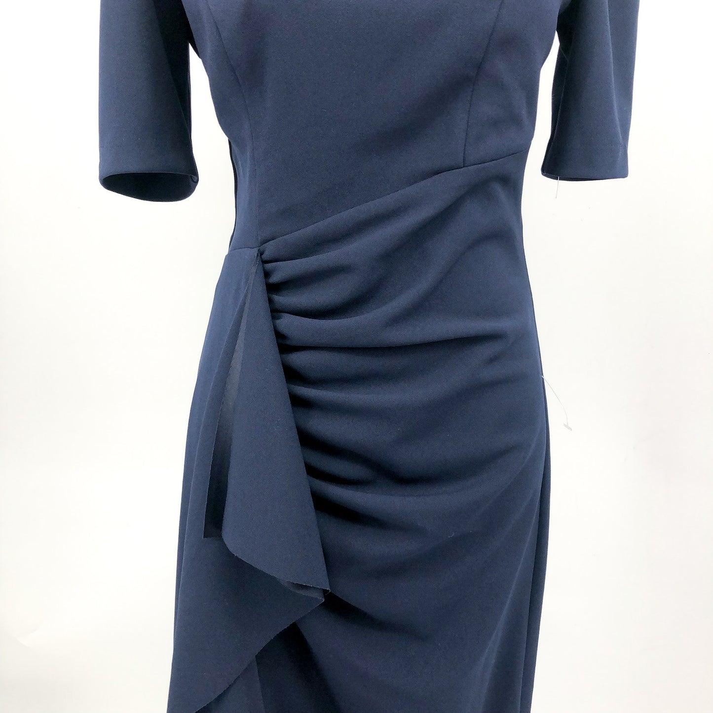 XSCAPE Women's Scuba Crepe Ruffle Gown Size 8 Navy Blue Short Sleeve Dress NWOT
