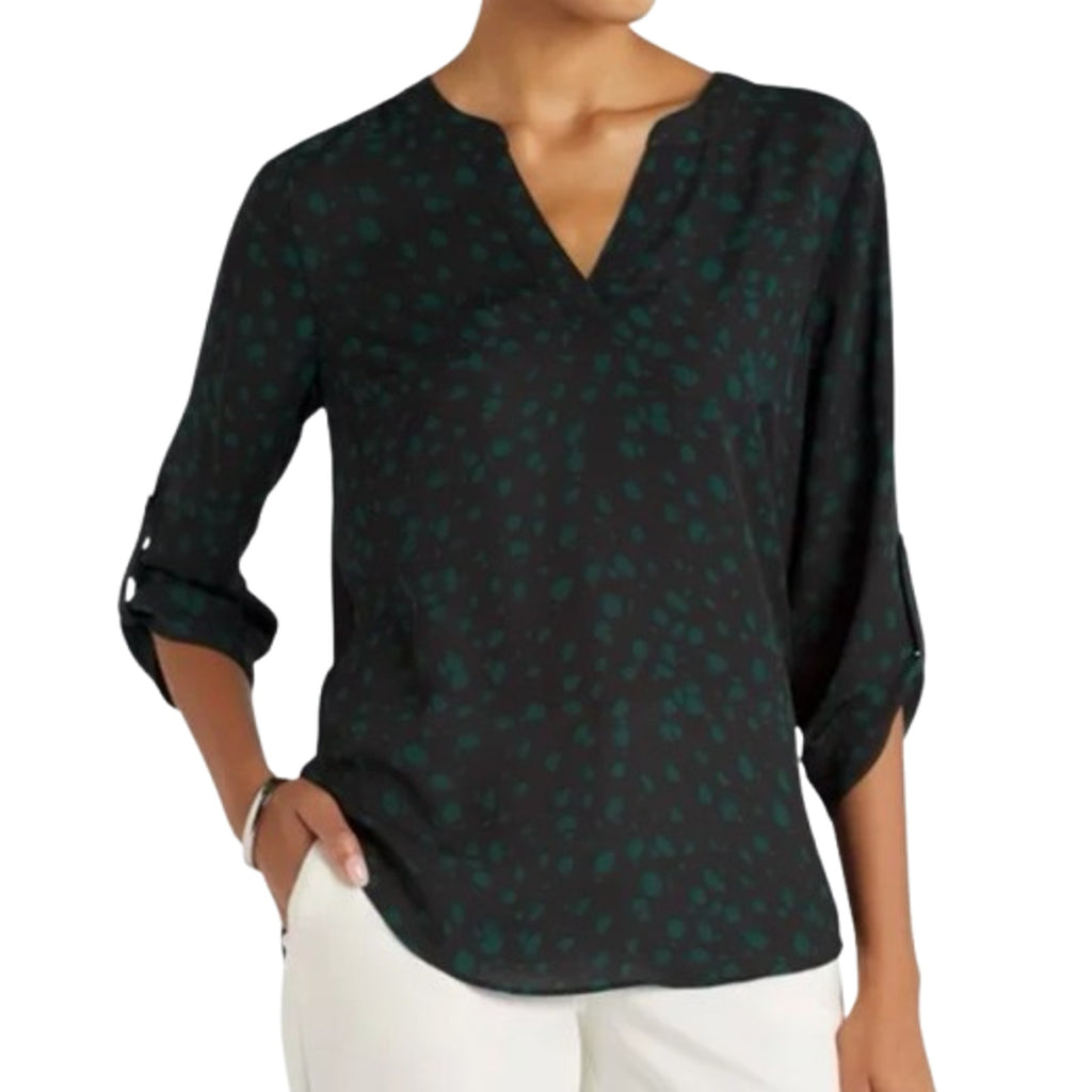 FORTUNE + IVY Womens Tulsa Mixed Material Blouse Small Black Green Abstract NWOT