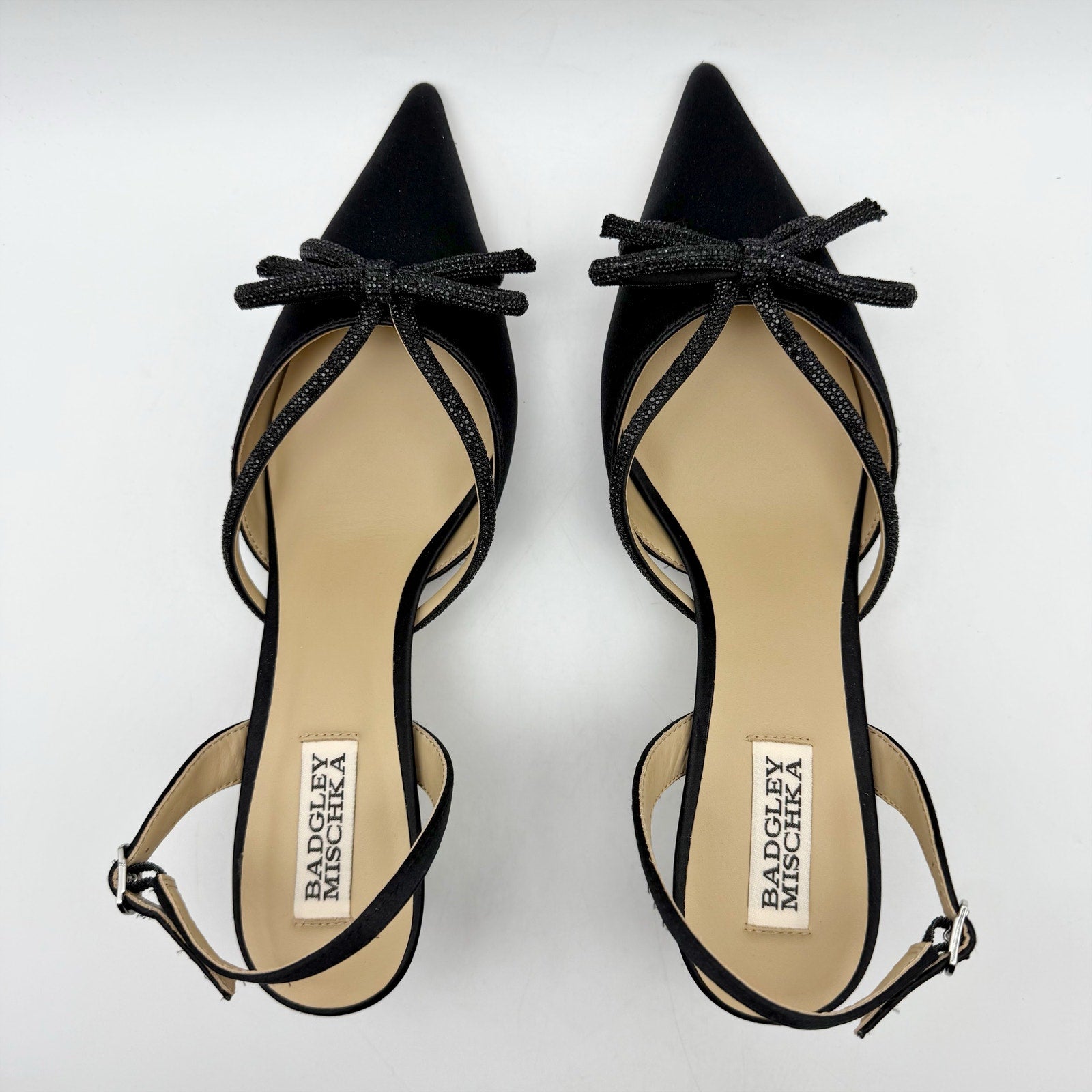 Badgley Mischka Womens Angelina Heels US 7.5 Black Satin Rhinestone Sandals NIB