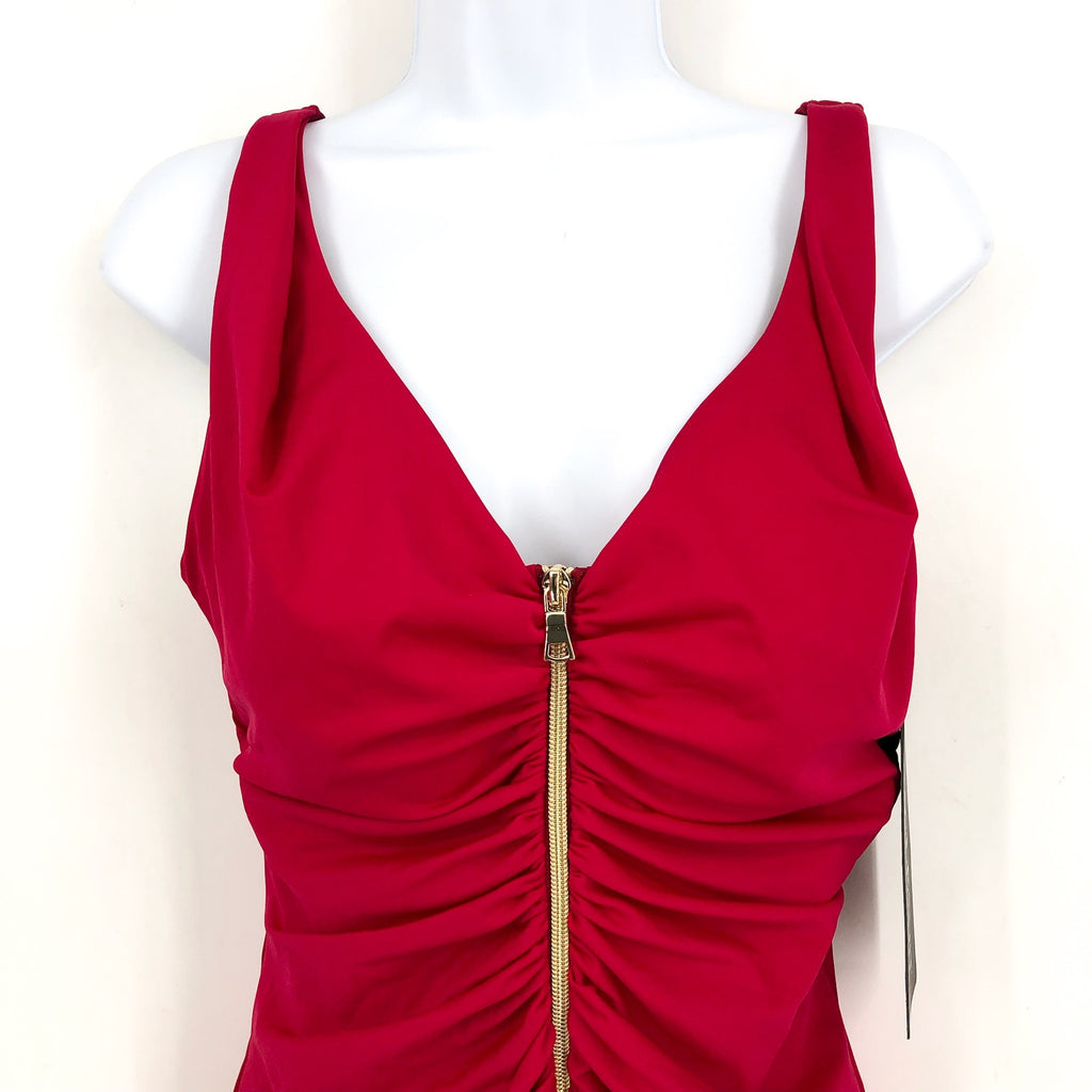MIRACLESUIT Women's Razzle Dazzle Zipt One-Piece Swimsuit Size 16 Red Ruched NWT