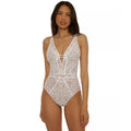 BECCA Women's Color Play Crochet Plunge One-Piece Swimsuit XS White Tan NWOT