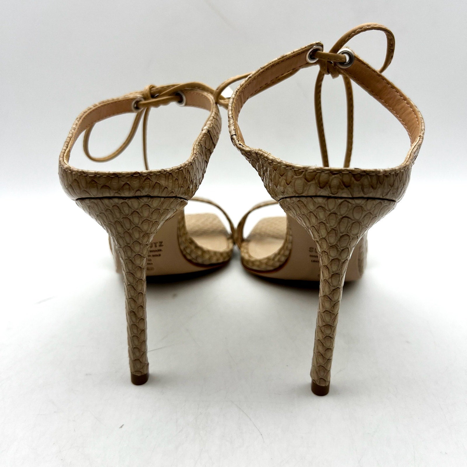 SCHUTZ Womens Mavis Heel Sandals Size 5 B Snake Shine Light Nude Leather NIB