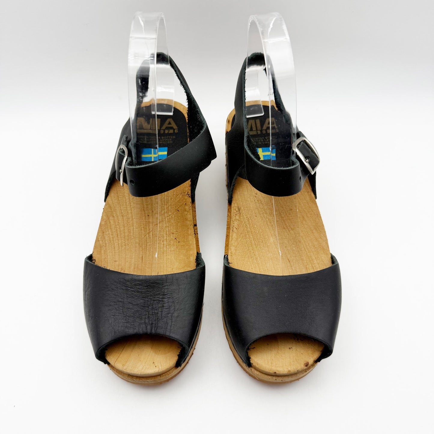 MIA Womens ANJA Clogs EU 37 US 6.5 Black Leather Wooden Heel Peep Toe NIB