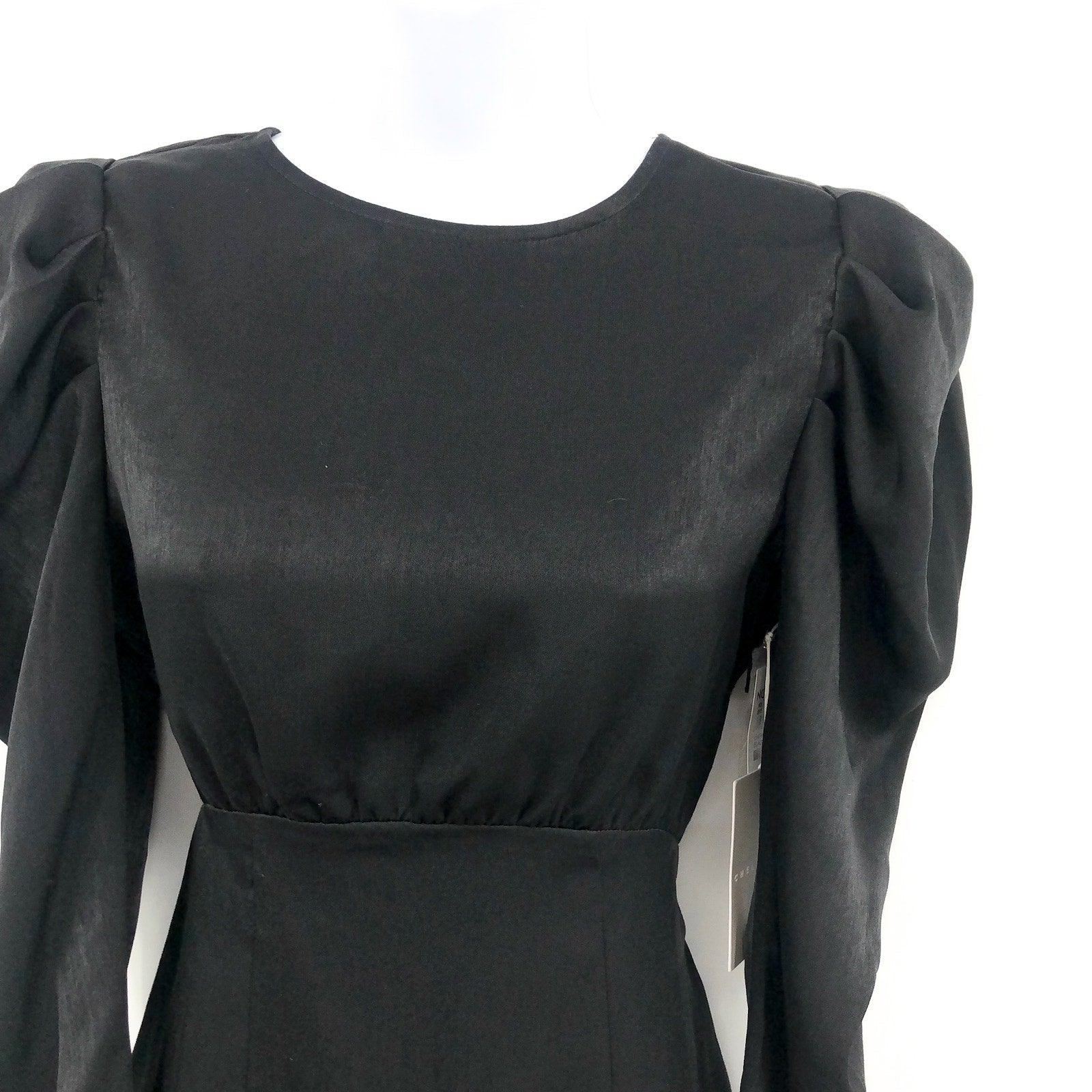 CHELSEA28 Womens Puff Sleeve Mini Dress XS Black Satin Long Sleeve Cut-Out NWT
