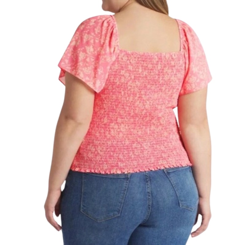 LUSH Women's Smocked Blouse 2X Pink Floral Ruched Flutter Sleeve NWT