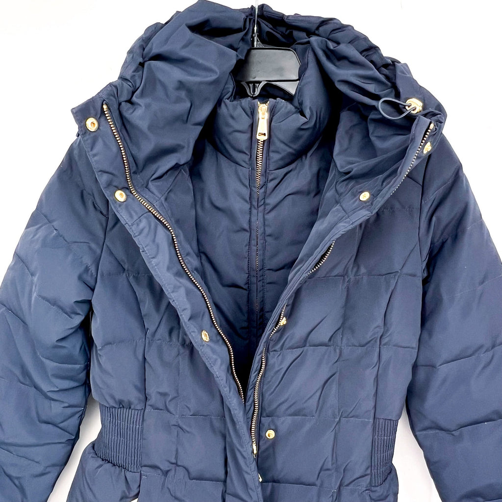COLE HAAN Women’s Box Quilt Down Puffer Coat XS Navy Blue Hooded NWT