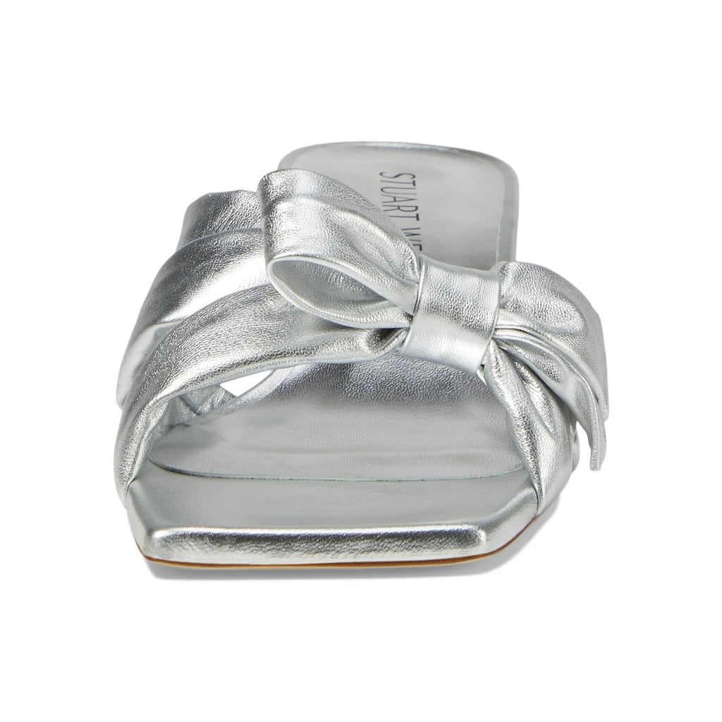 Stuart Weitzman Womens Sofia 45 Slide High Heels Size 6 Silver Leather Bow NIB
