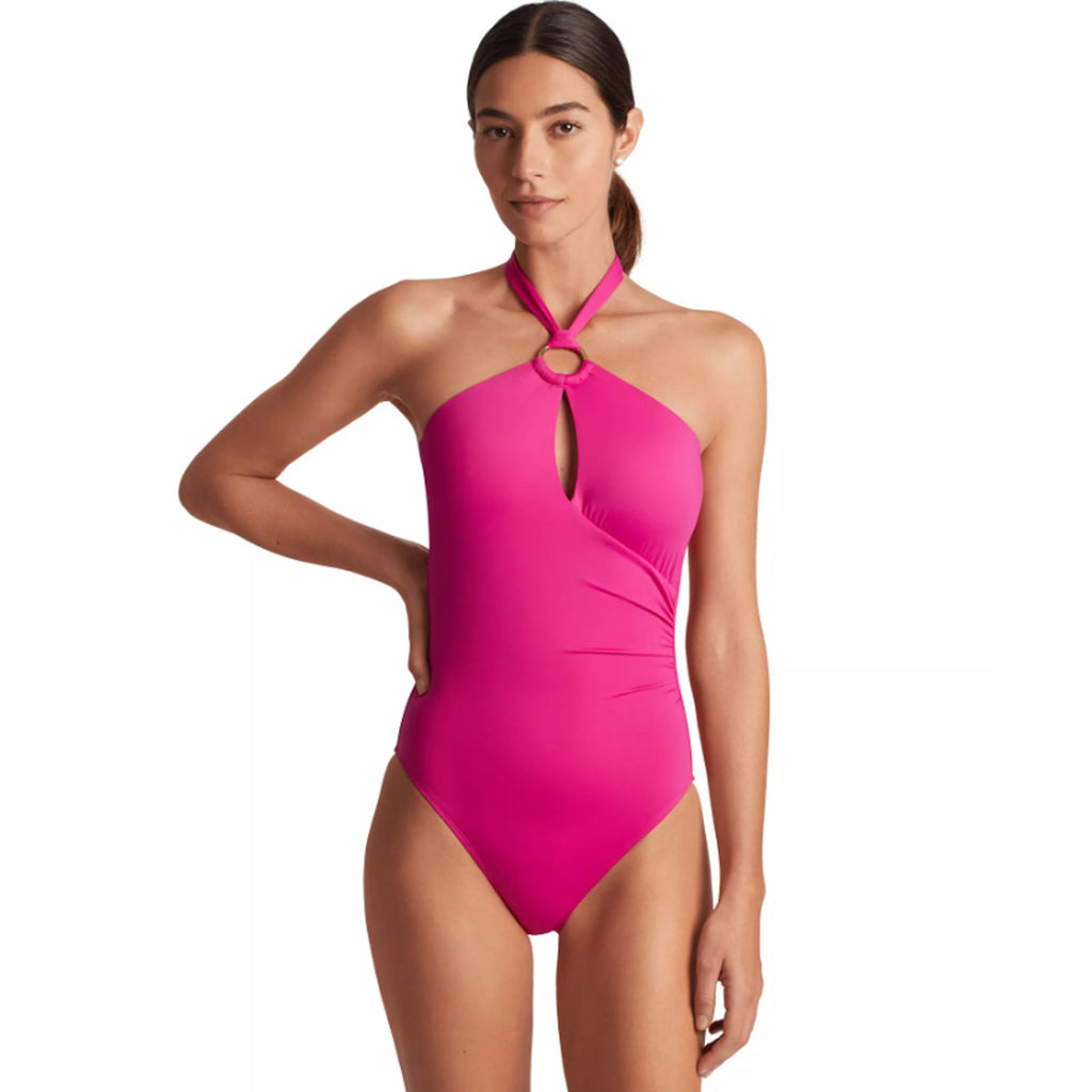 LAUREN RALPH LAUREN O-Ring One-Piece Swimsuit Size 12 Freesia Pink High-Neck NWT