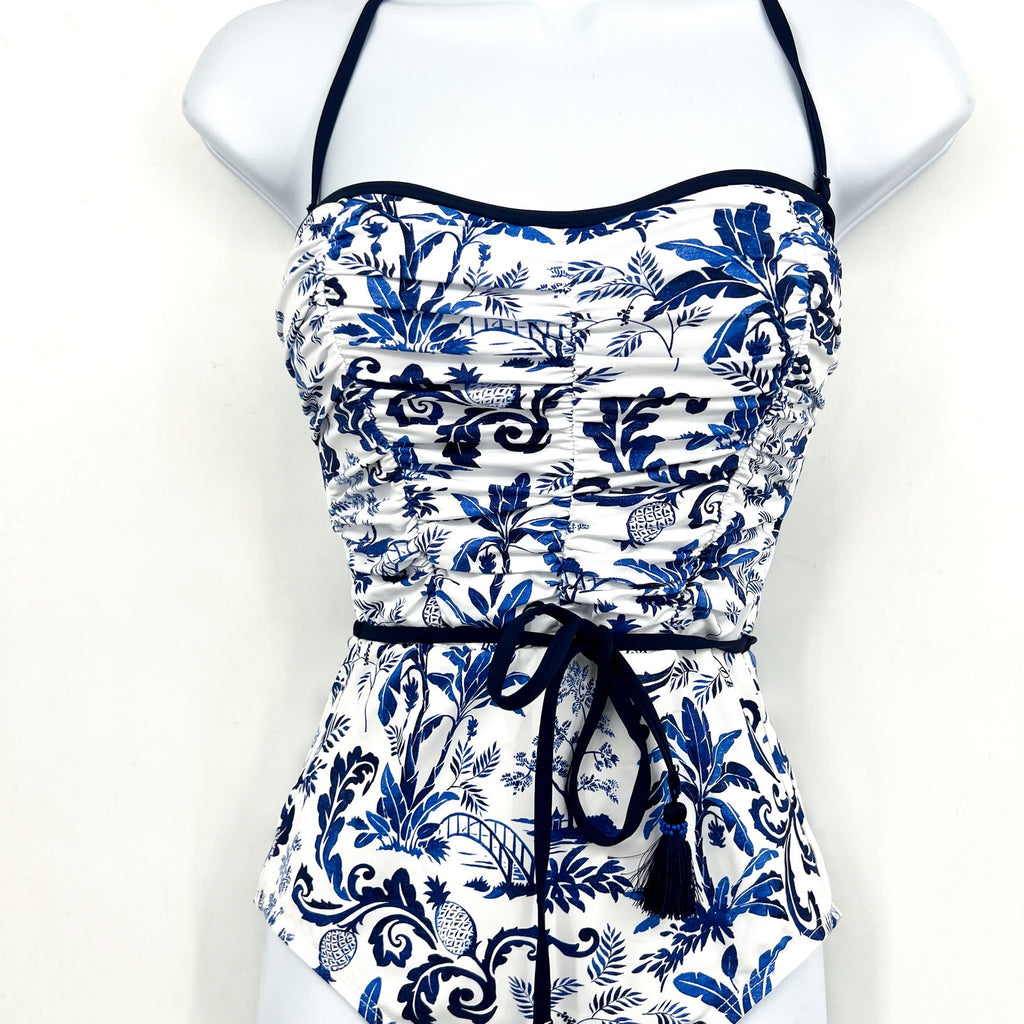 TOMMY BAHAMA Terrazzo Tile Bandeau One Piece Swimsuit Size 14 Blue Floral NWT