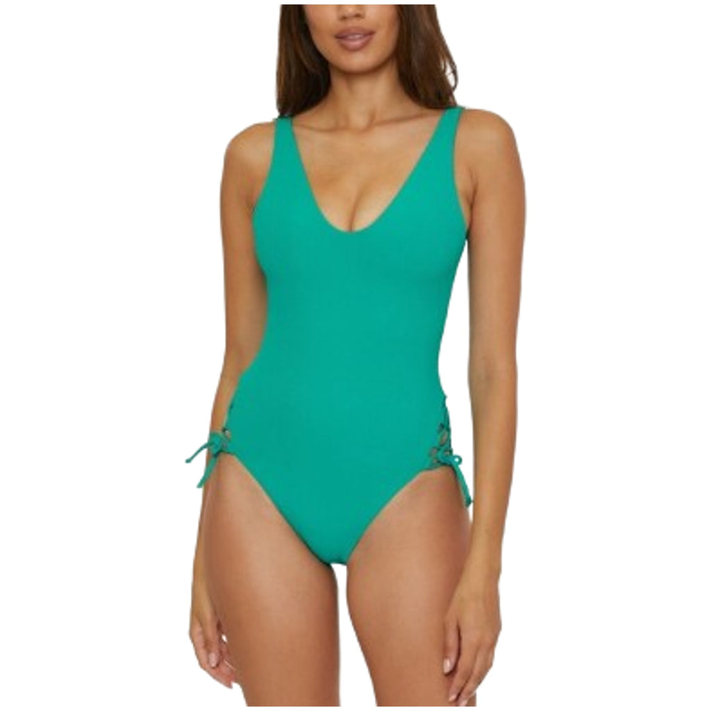 BECCA Modern Edge Sophie One Piece Swimsuit Large Teal Green Lace Up Ribbed NWT