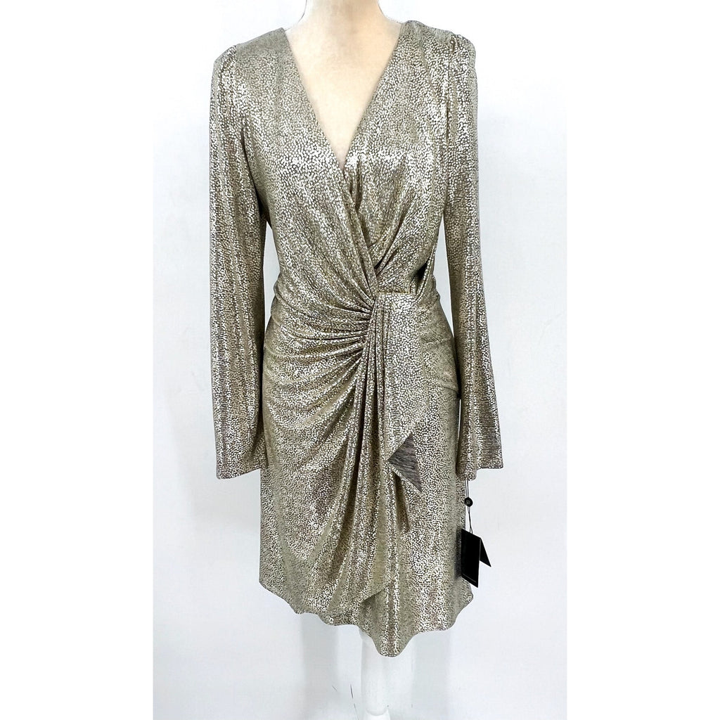 ADRIANNA PAPELL Metallic Foil Faux Wrap Dress Size 16 Light Gold Cocktail NWT