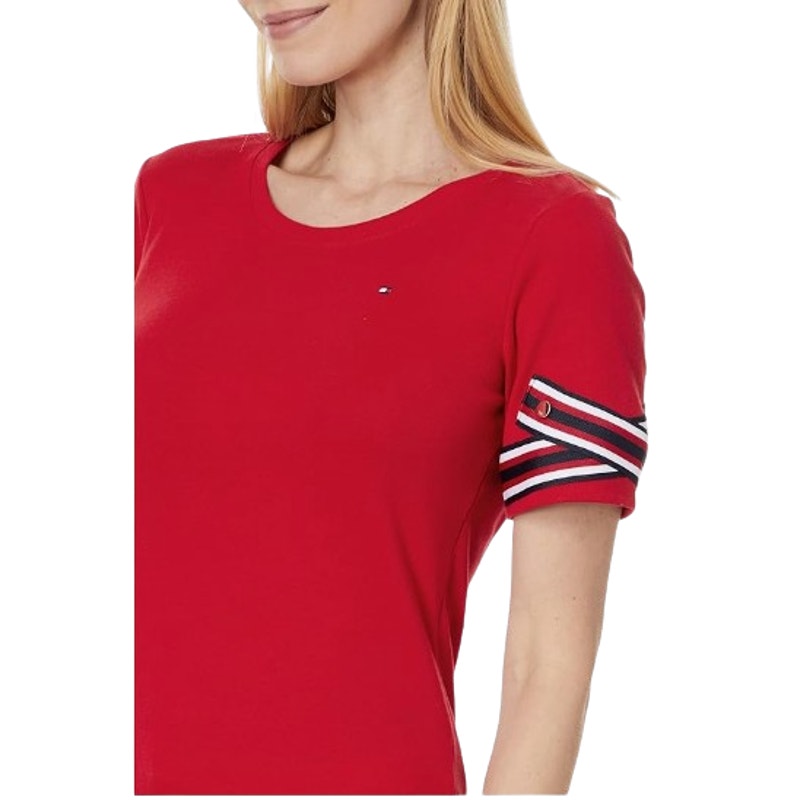 Tommy Hilfiger Womens Ribbon Cuff Logo T-Shirt Small Red Crewneck Cotton NWT