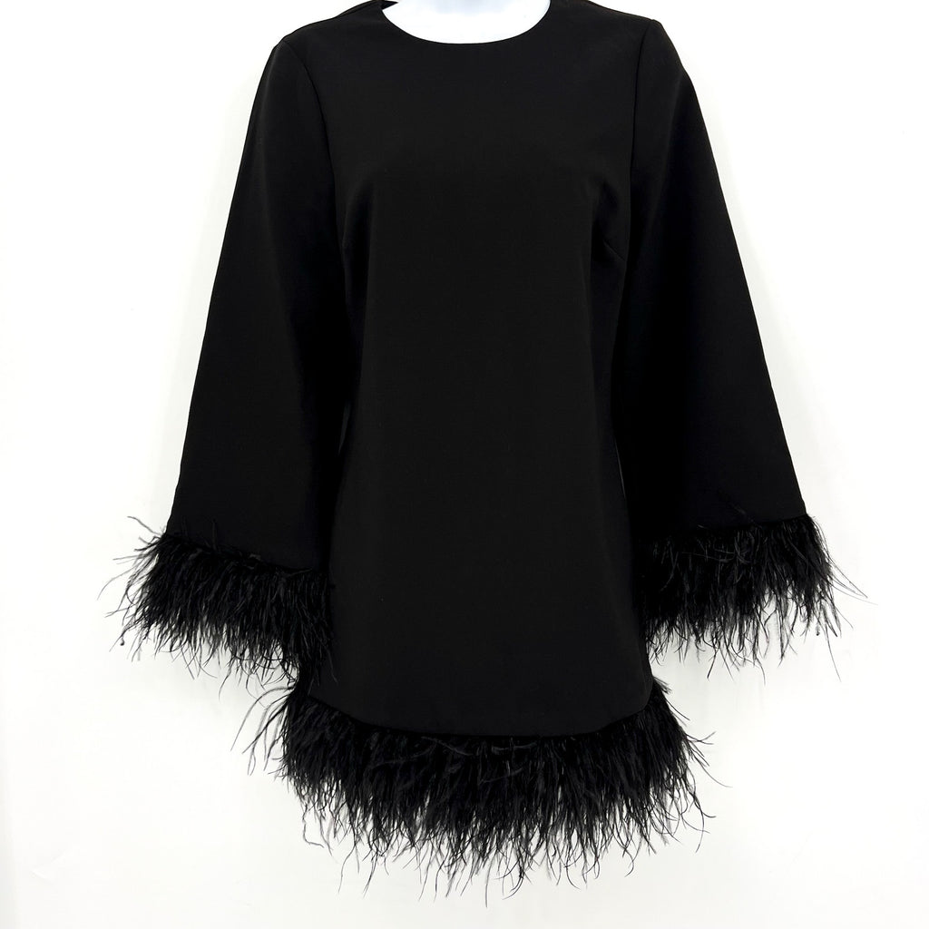 LIKELY Women Marullo Feather Trim Mini Dress Size 4 Black Long Sleeve Shift NWT