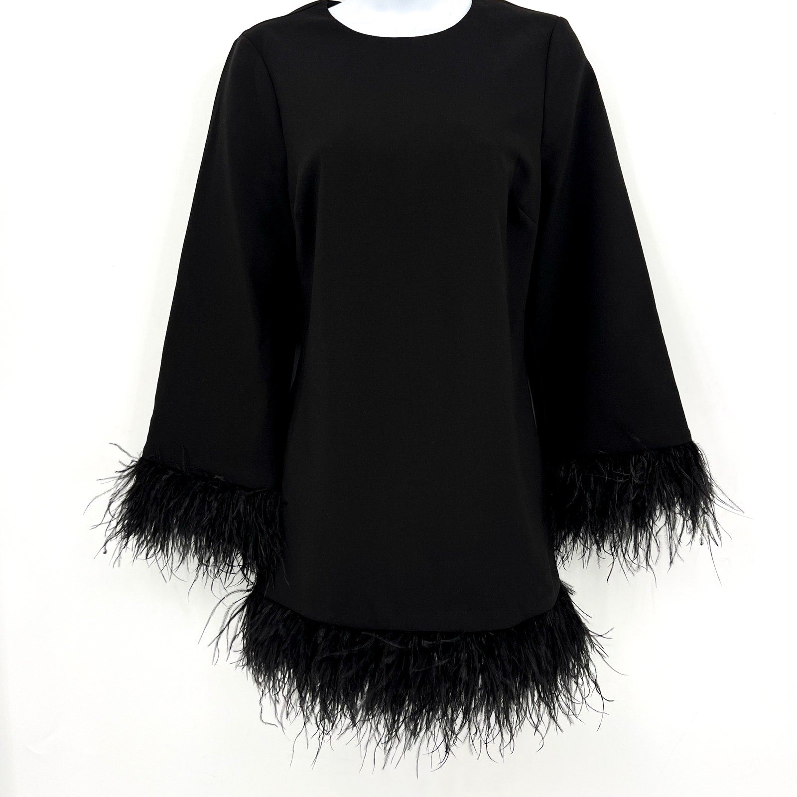 LIKELY Women Marullo Feather Trim Mini Dress Size 4 Black Long Sleeve Shift NWT