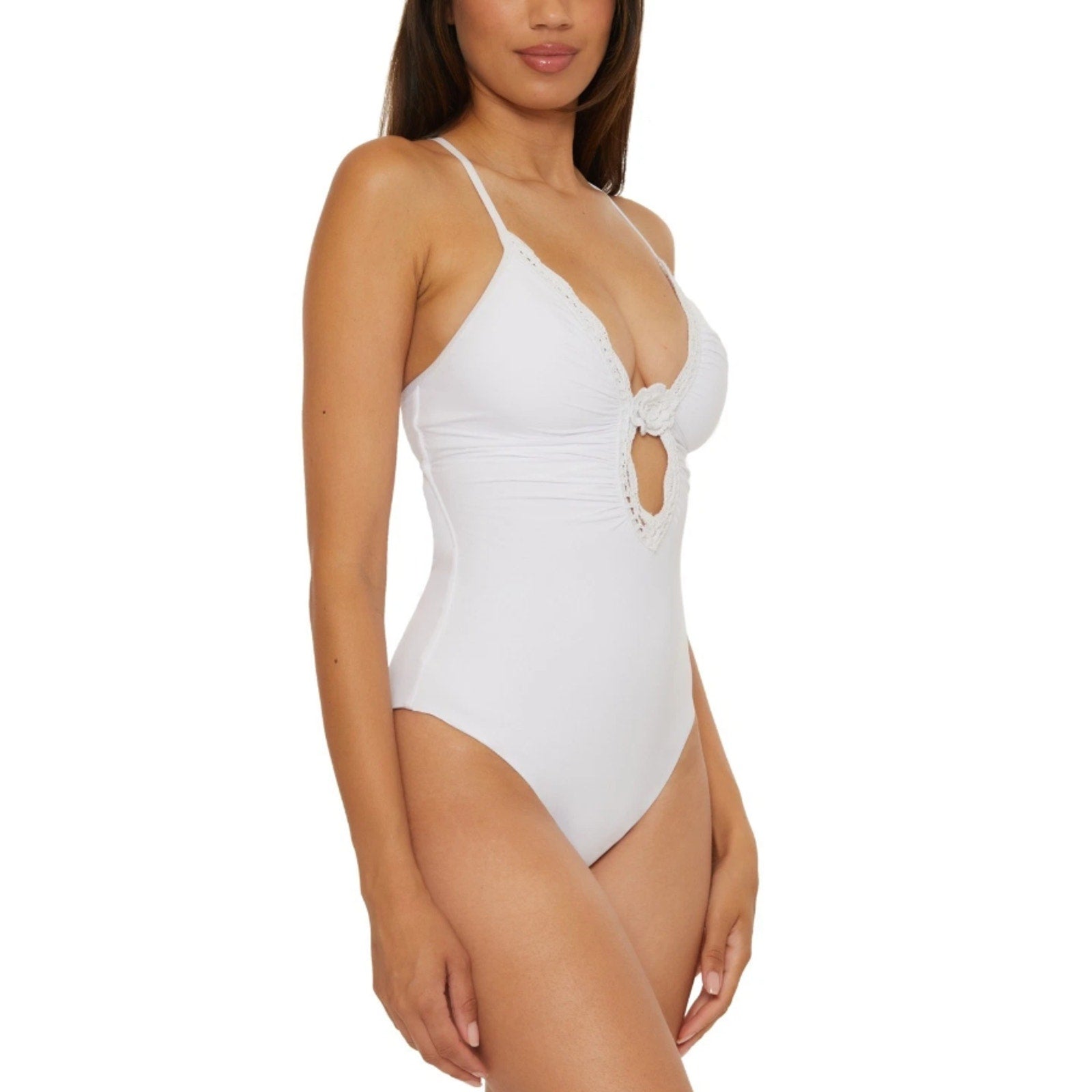 BECCA Colette Clare Plunge One Piece Swimsuit Small White Crochet Flower NWT