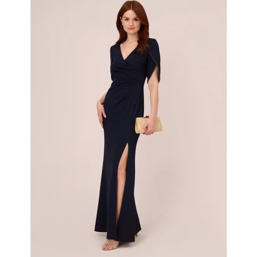 ADRIANA PAPELL Tulip Sleeve Column Gown Size 6 Navy Blue Midnight Pearl NWOT