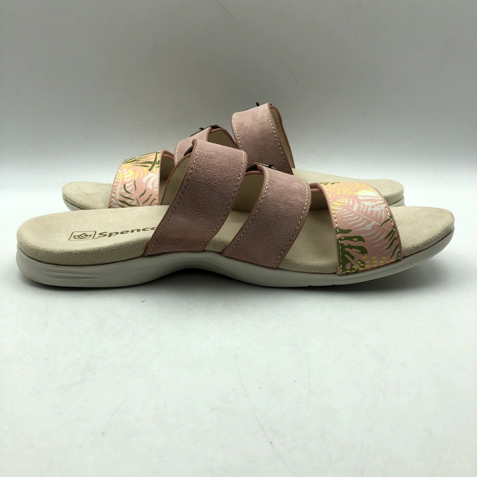 Spenco Womens Orchid Saddle Sandals Size 7.5 Pink Tan Tropical Blush 3 Strap NIB