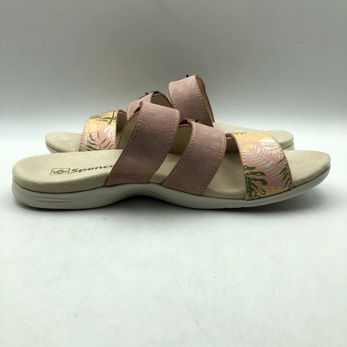 Spenco Womens Orchid Saddle Sandals Size 7.5 Pink Tan 3 Strap Slides NIB