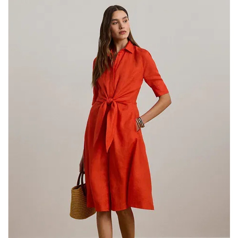 LAUREN RALPH LAUREN Tie-Front Linen Shirtdress Size 6 Orange Short Sleeve NWT