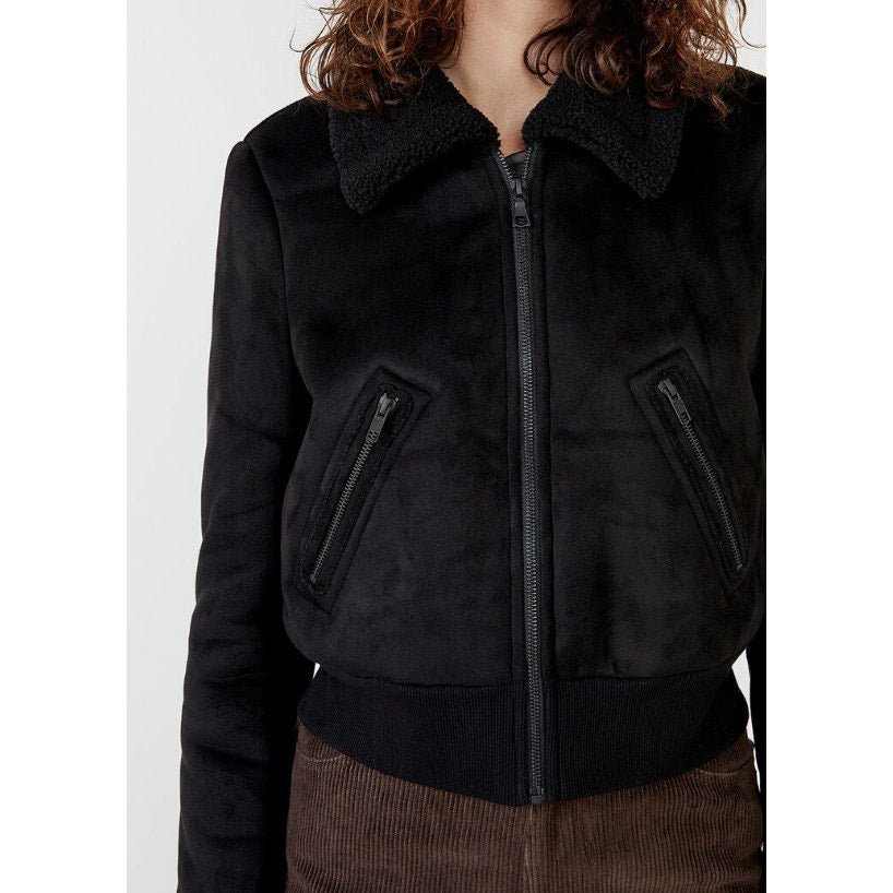 BARDOT Women's Shearling Bomber Jacket Small US 4 Black Faux Suede Cropped NWT