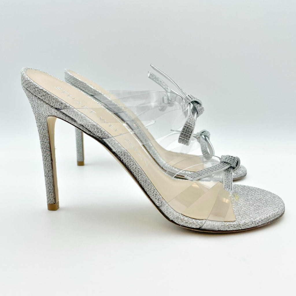 Stuart Weitzman Womens Bow 100 Slide Heel Sandals US 8 M EU 38.5 Silver NWOB