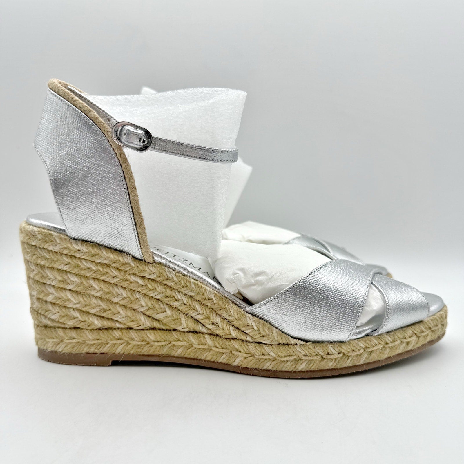 Stuart Weitzman Mirela II Espadrille Wedge Sandals Size 10 B Silver Leather NIB