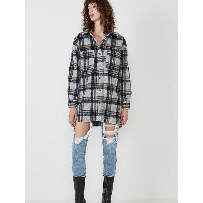 BARDOT Women Checked Flannel Shirt Jacket Small Blue Check NWT