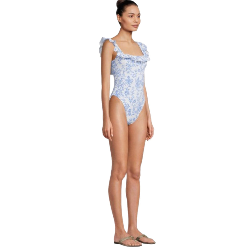 LILLY PULITZER Aemma Ruffle One-piece Swimsuit Size 4 White Blue Tall Tales NWOT