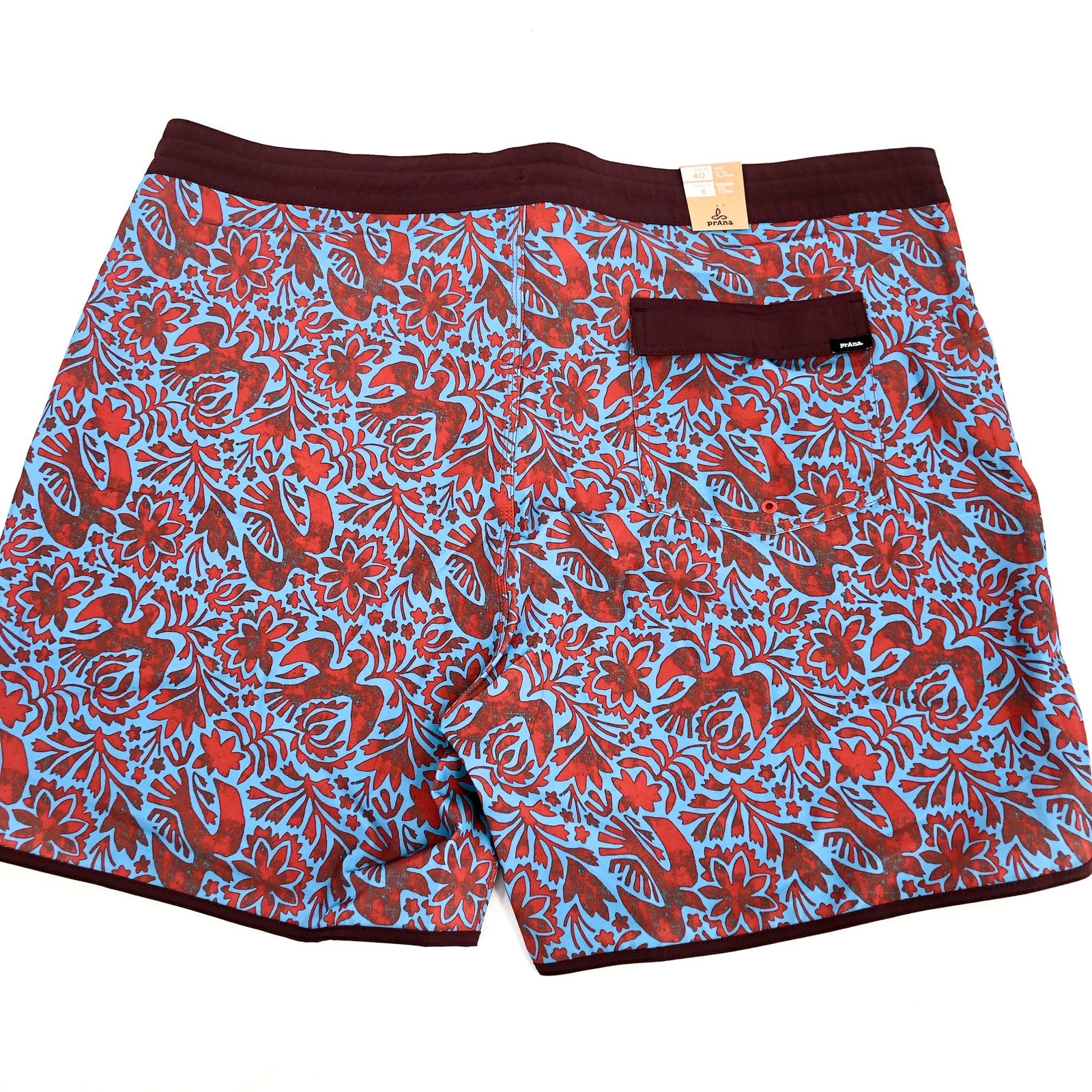 PRANA Men's Vintage Board Short Size 40 Blue Red Rust Flora Fauna 6" Inseam NWT