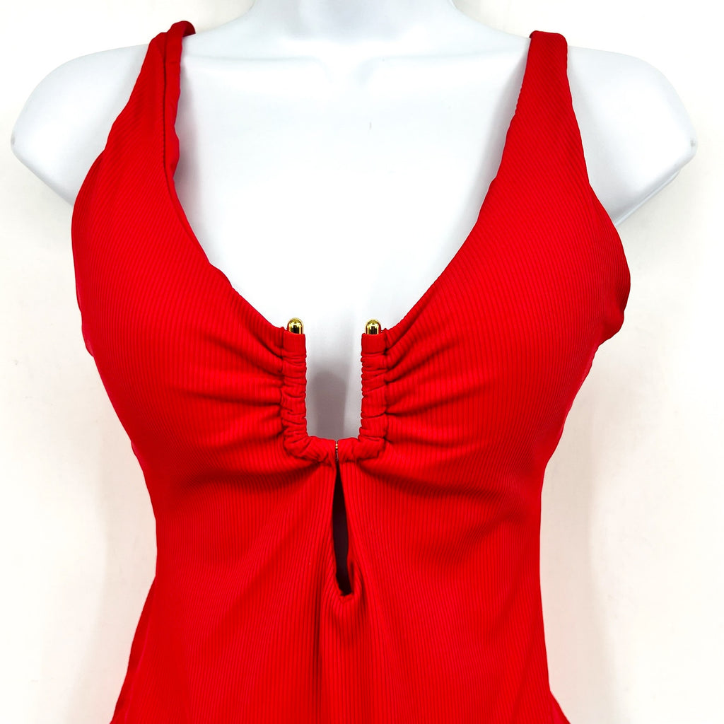 BECCA Women's Modern Edge One Piece Swimsuit Large Fire Red Plunge Neck NWT