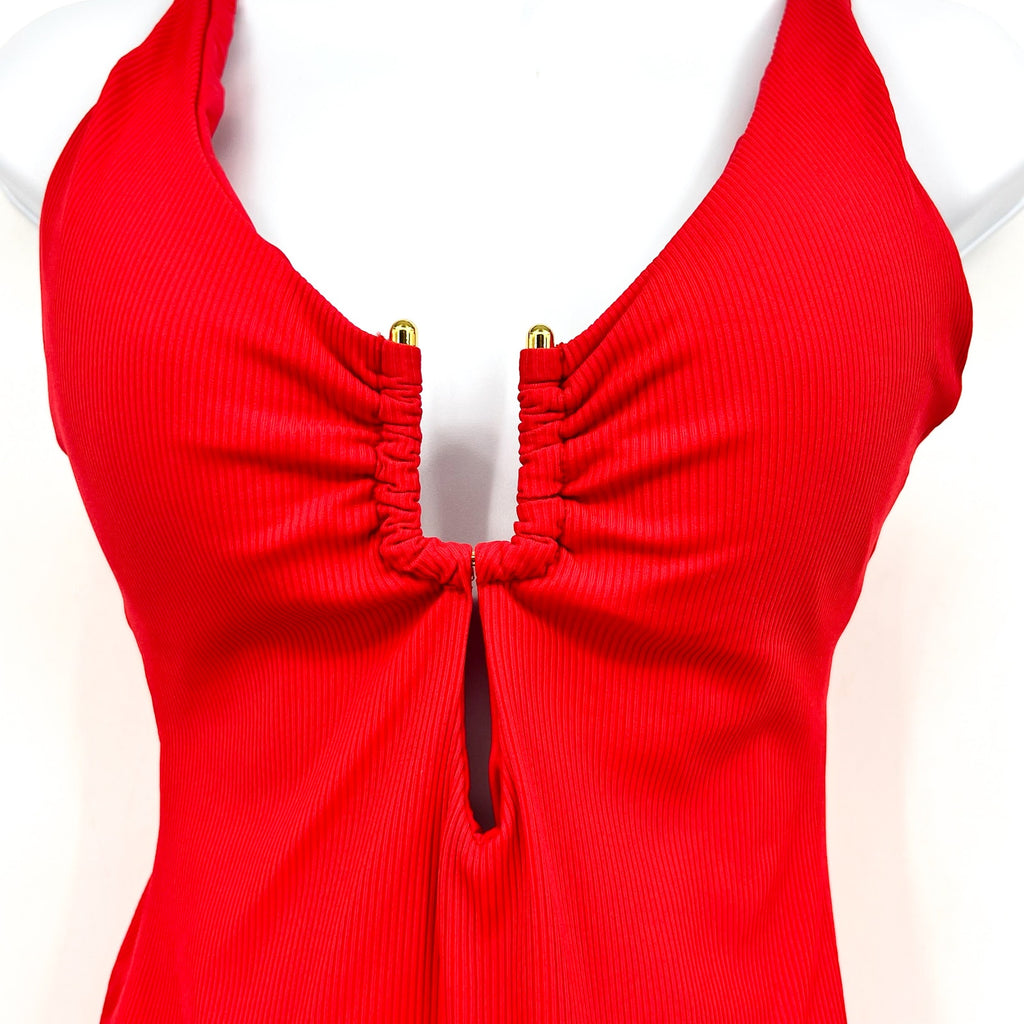 BECCA Women's Modern Edge One Piece Swimsuit Large Fire Red Plunge Neck NWT