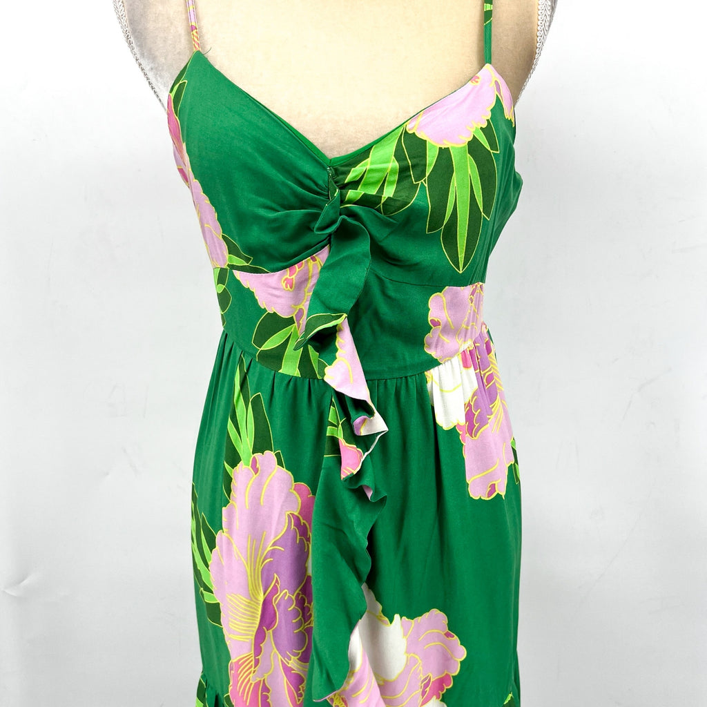 CECE Floral Tiered Maxi Dress Medium Green Peony Blossom Ruffle-Front NWT