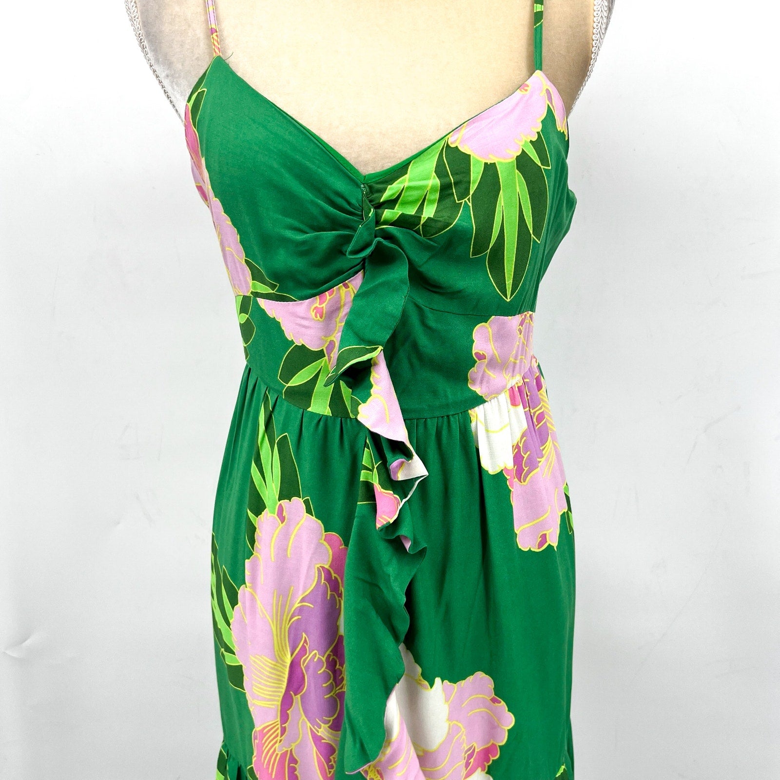 CECE Floral Tiered Maxi Dress Medium Green Peony Blossom Ruffle-Front NWT