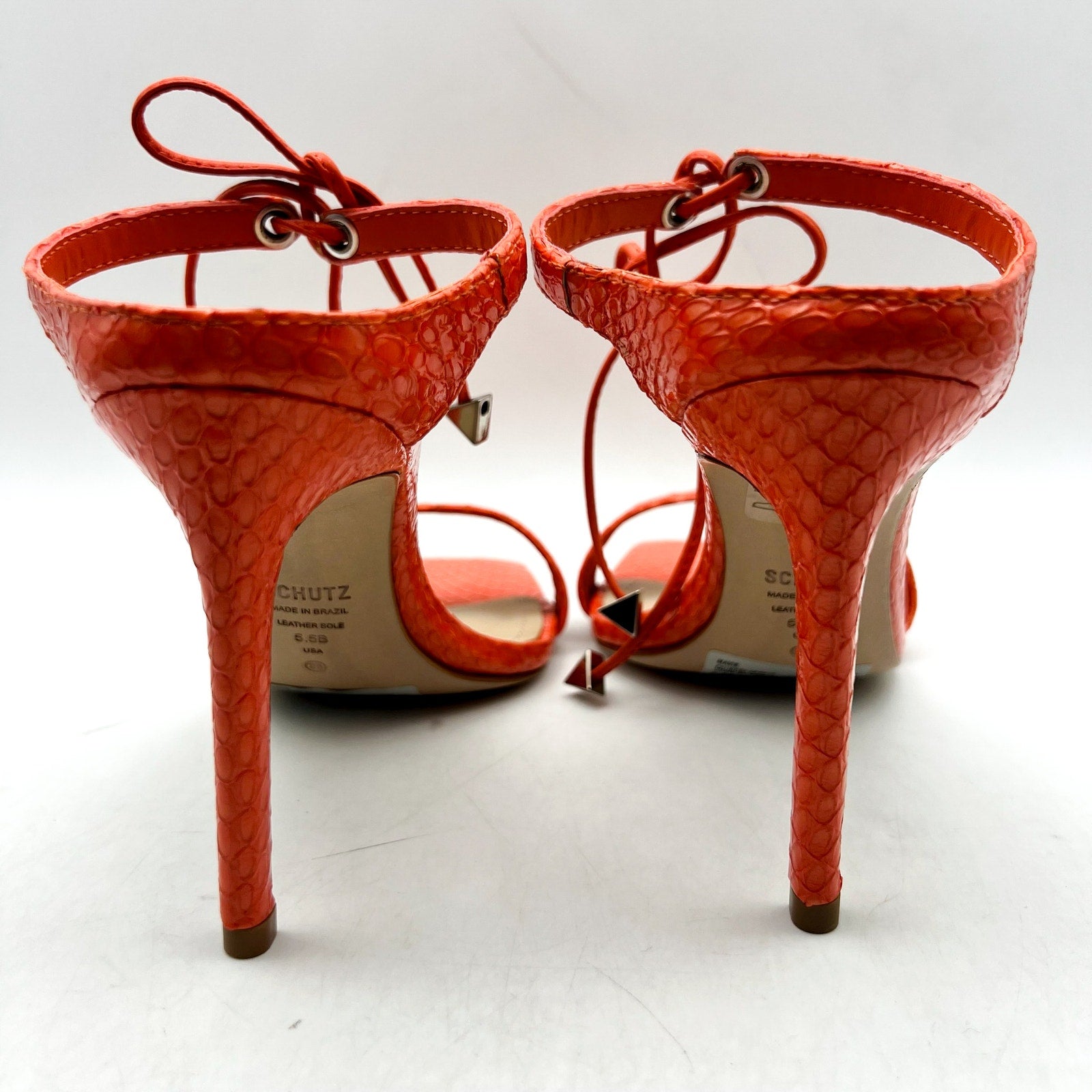 Schutz Womens Mavis Heel Sandal Size 5.5 Snake Shine Bright Orange Leather NIB