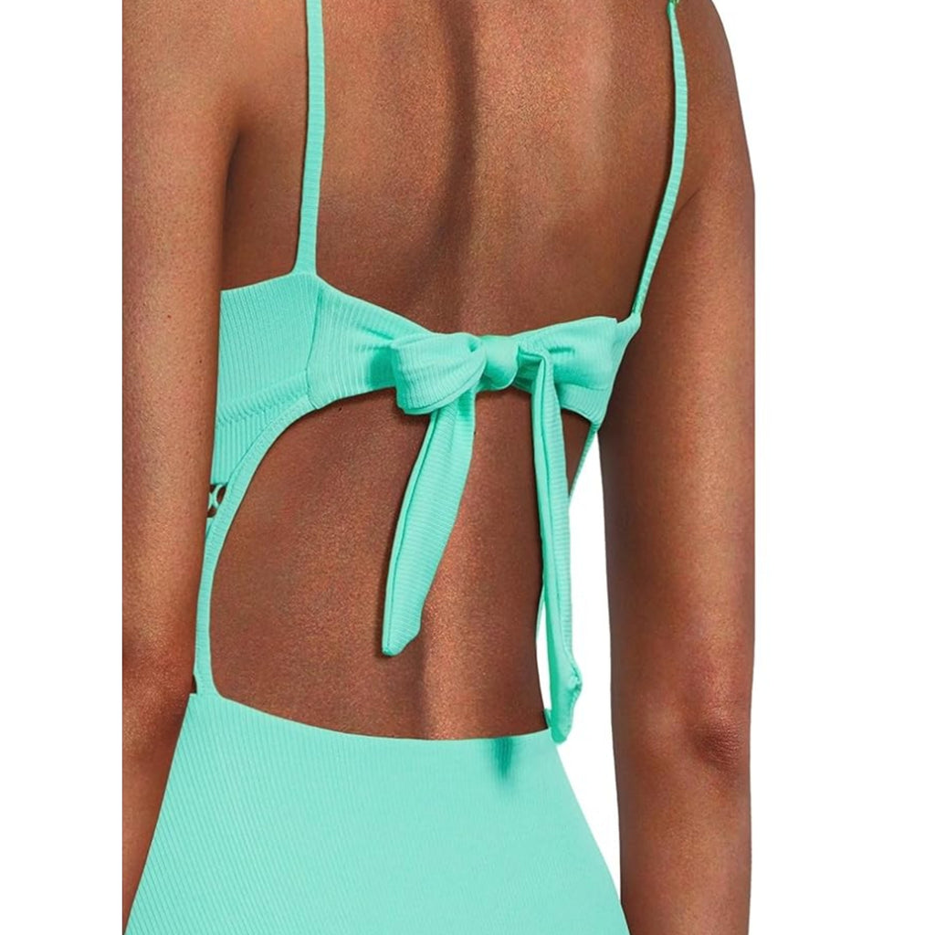 BECCA Modern Edge Toni One-Piece Swimsuit Medium Aqua Sea Green Rib Plunge NWT