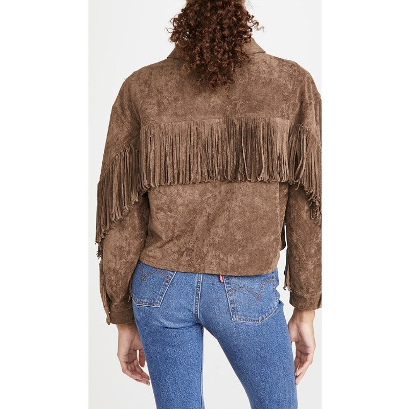 BLANKNYC Women's Faux Suede Fringe Jacket Medium Brown Hot Cocoa Long Sleeve NWT