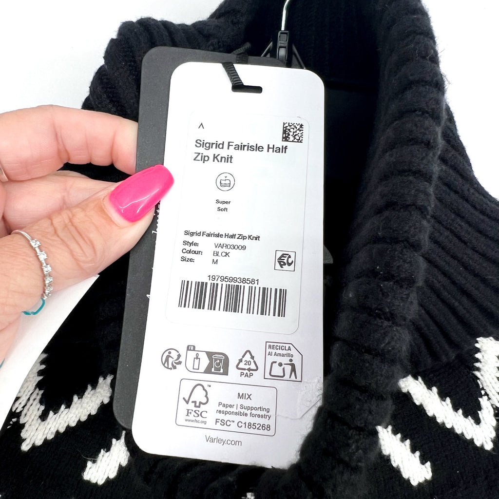 VARLEY Sigrid Fairisle Half-Zip Knit Sweater Medium Black Long Sleeve NWT