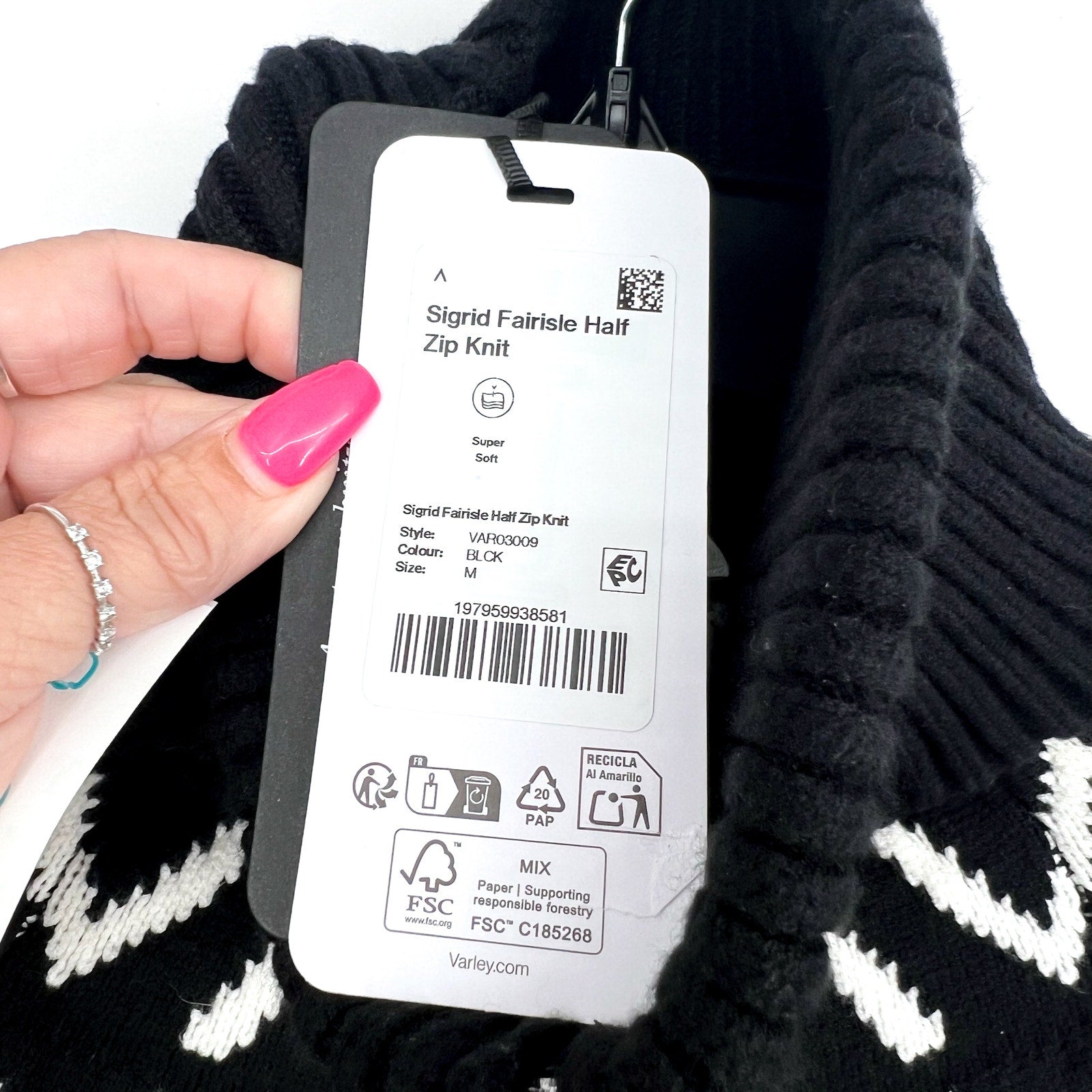 VARLEY Sigrid Fairisle Half-Zip Knit Sweater Medium Black Long Sleeve NWT