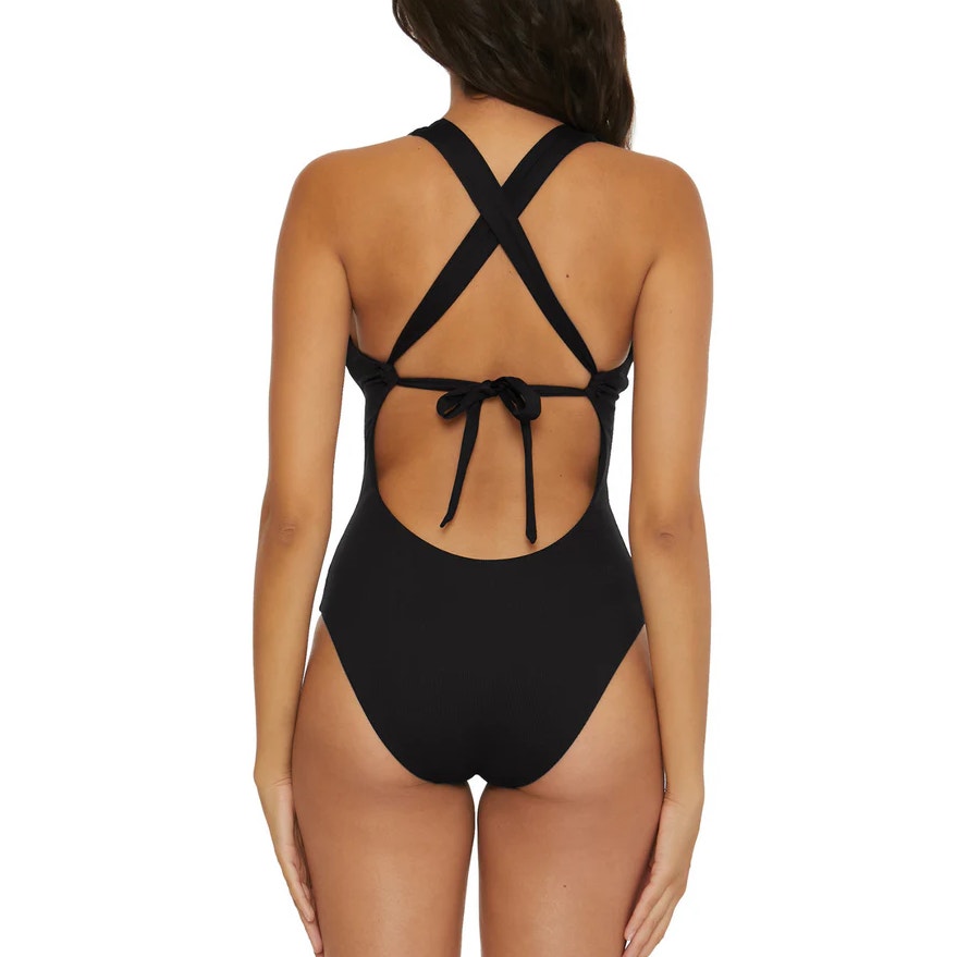 BECCA Women's Modern Edge Gia One Piece Swimsuit Medium Black Lace Up Corset NWT