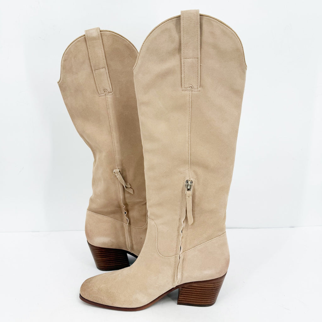 Sam Edelman Womens Britten Western Knee High Boots Size 8 Cream Tan Suede NIB