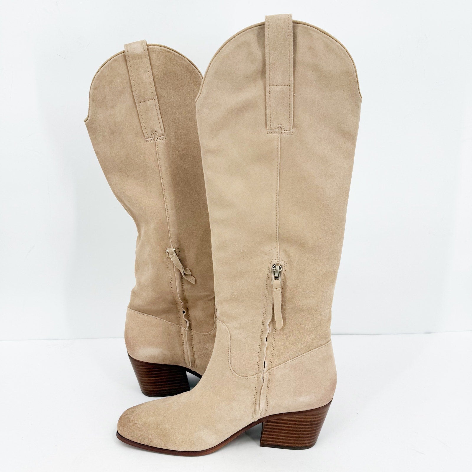 Sam Edelman Womens Britten Western Knee High Boots Size 8 Cream Tan Suede NIB