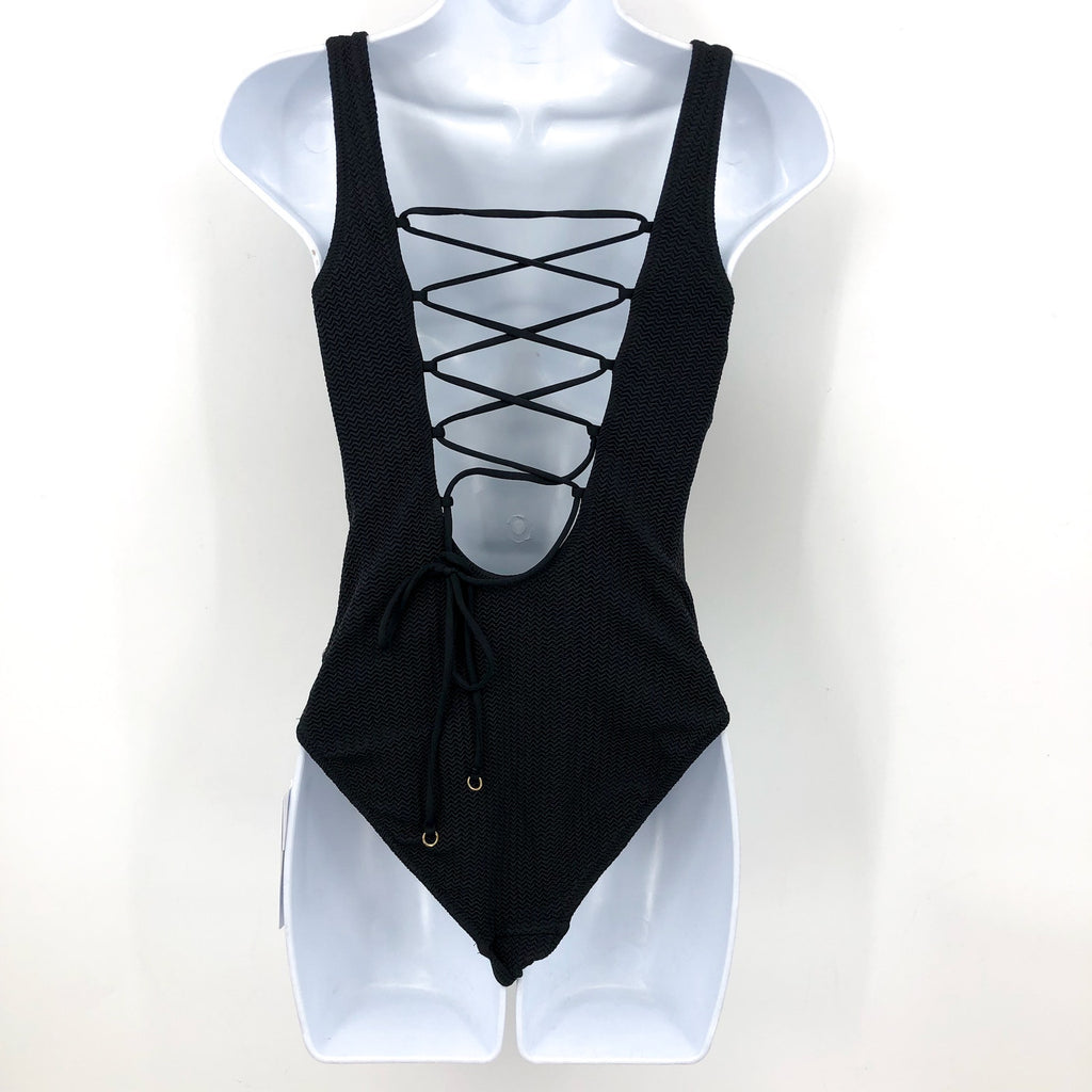 SEAFOLLY Sea Dive High Neck One Piece Swimsuit Size 10 Black Lace Back NWT